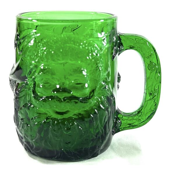 Vintage Emerald Green Santa Face Glass Mugs Set of 2 Christmas 4” - Picture 4 of 9